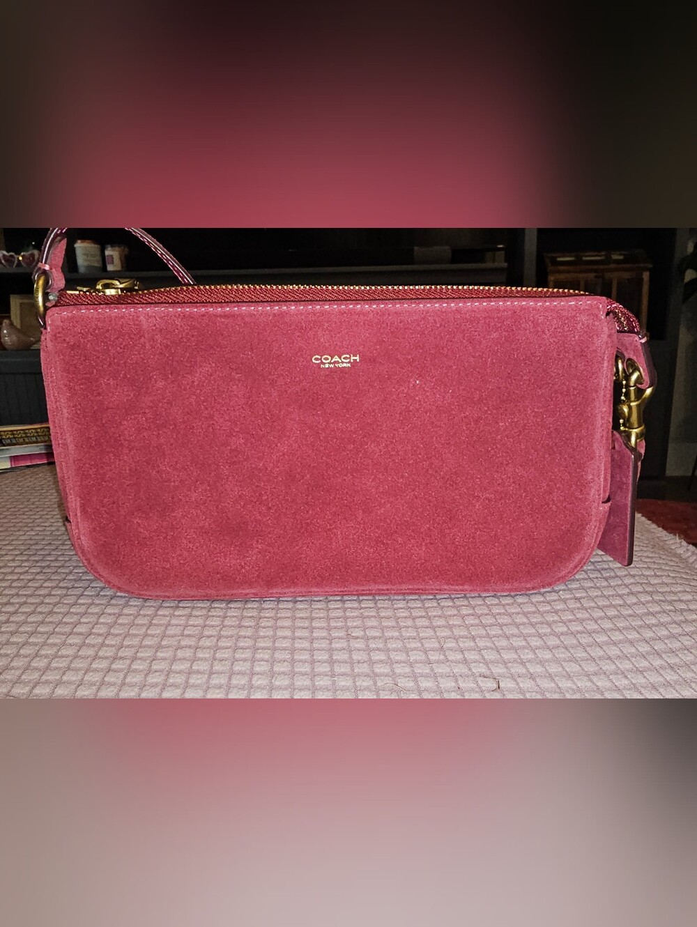 Coach Burgundy Suede Zip Wristlet with Gold Logo
